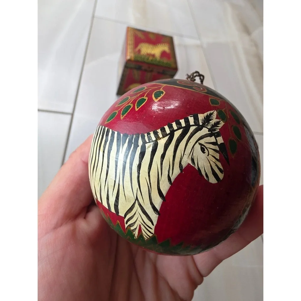 Hand Painted Zebra Wooden Trinket Box and Matching Egg‎ Ornament Set Folk Art S3